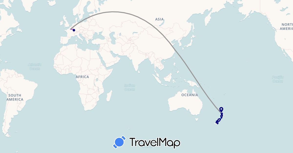 TravelMap itinerary: driving, bus, plane, train, hiking, boat in China, France, New Zealand (Asia, Europe, Oceania)